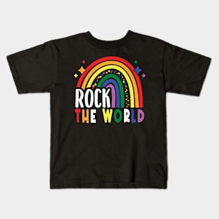 Rock The World LGBTQ Rainbow Flag Gay Pride Month Kids T-Shirt